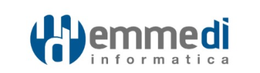 Logo di Emmedi Informatica con icona blu e testo grigio su sfondo bianco.
