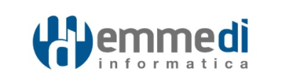 Logo di Emmedi Informatica con icona blu e testo grigio su sfondo bianco.