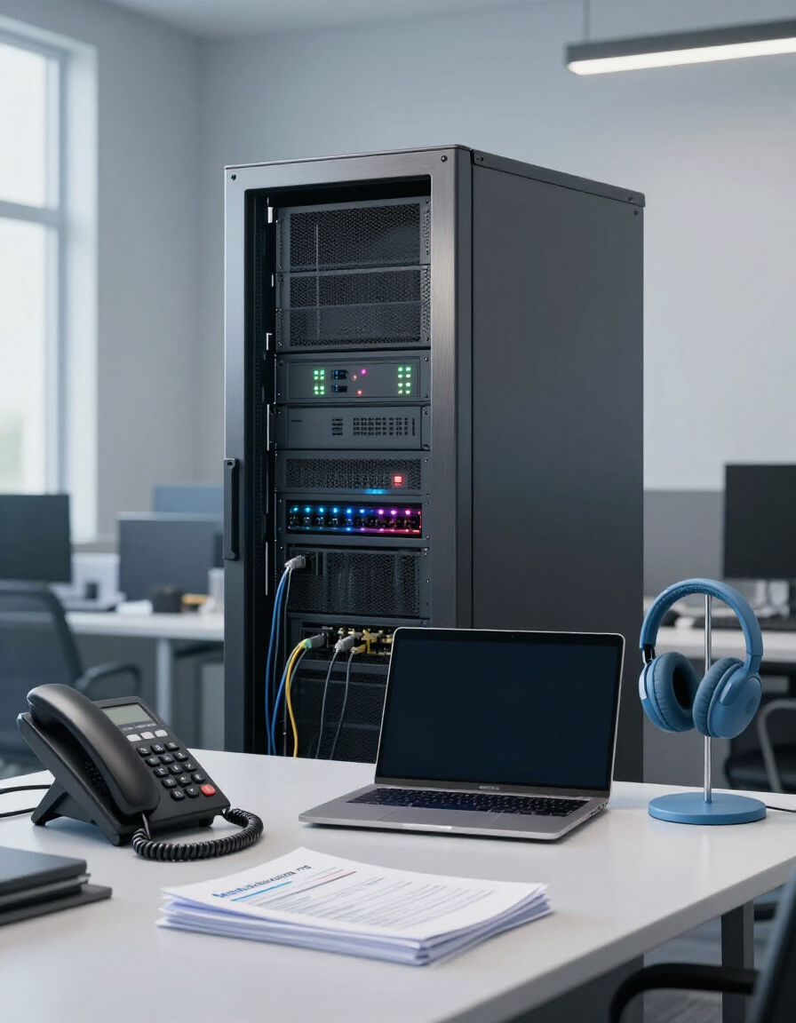 Ufficio moderno con rack per server, laptop, telefono fisso, notebook e cuffie blu su una scrivania.
