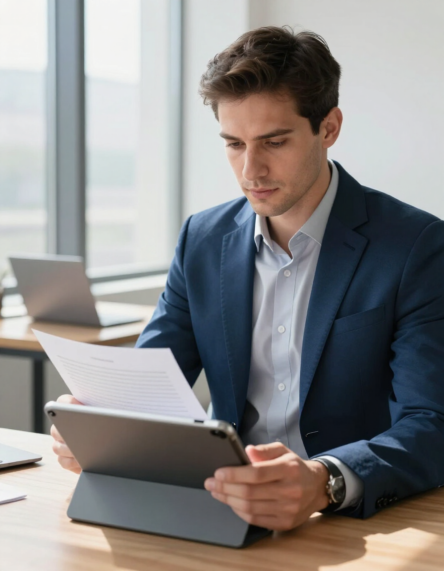 Un uomo con una giacca blu esamina dei documenti su un tablet seduto a una scrivania in un ufficio luminoso.
