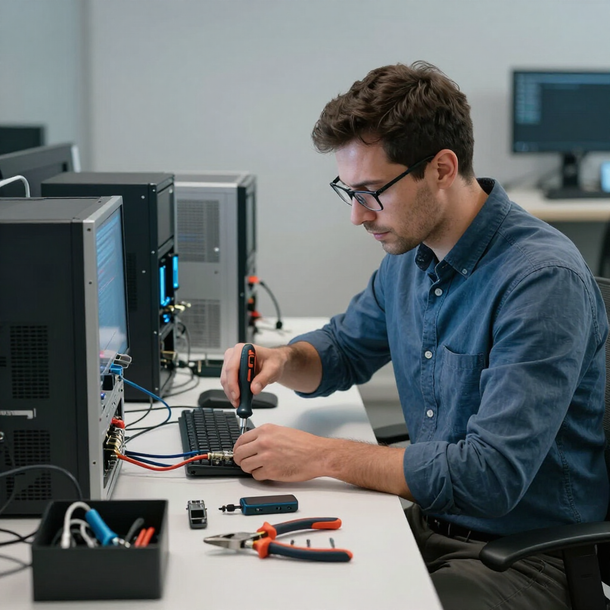 Tecnico assembla componenti elettronici su un banco da lavoro con apparecchiature e strumenti informatici.