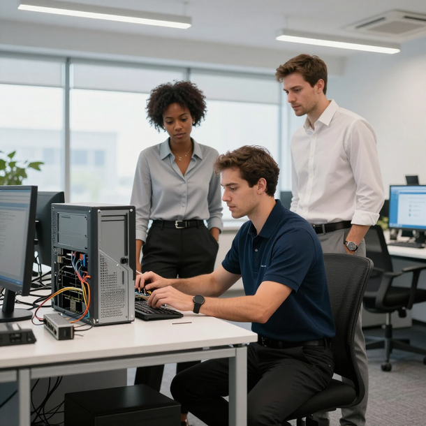 In un ufficio moderno, tre colleghi collaborano attorno a un computer fisso.