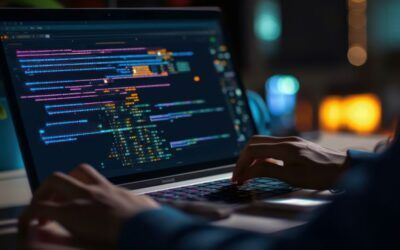 Mani che digitano su un laptop con codice colorato sullo schermo in un ambiente di lavoro scarsamente illuminato.