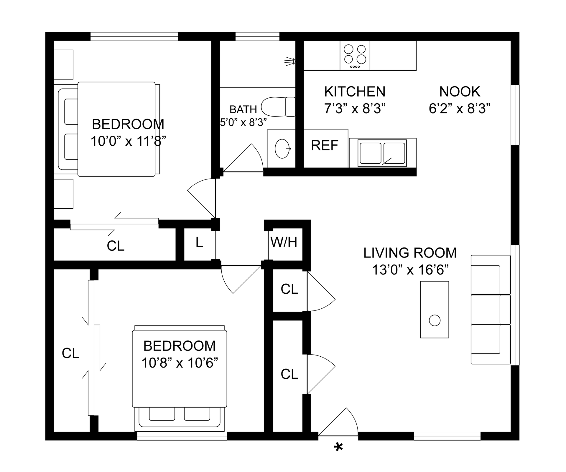 Black-and-white house floor plan with labeled rooms and doors, viewed from above