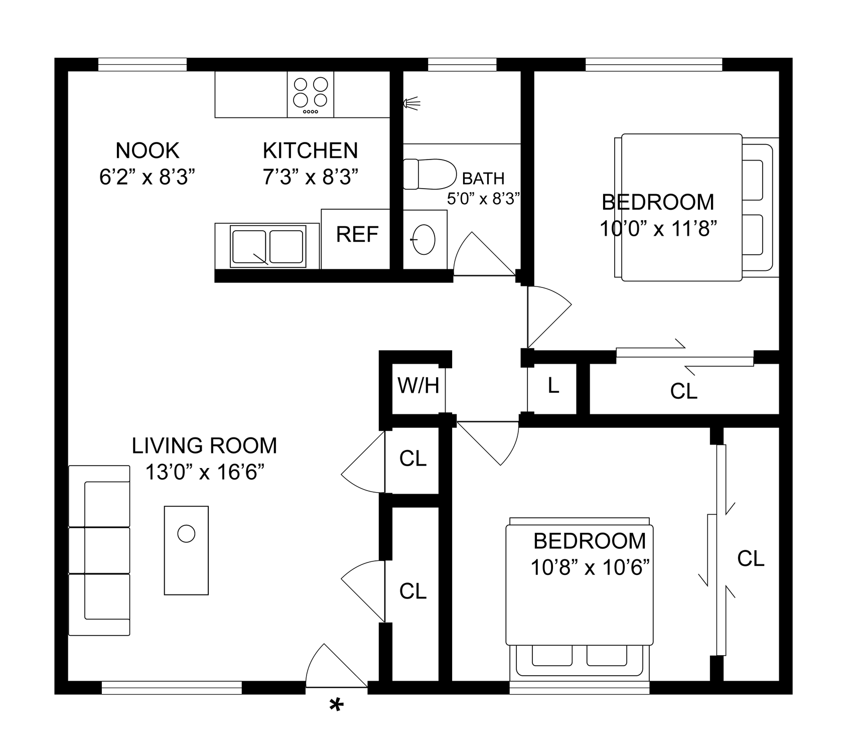 Black-and-white house floor plan with labeled rooms and hallways