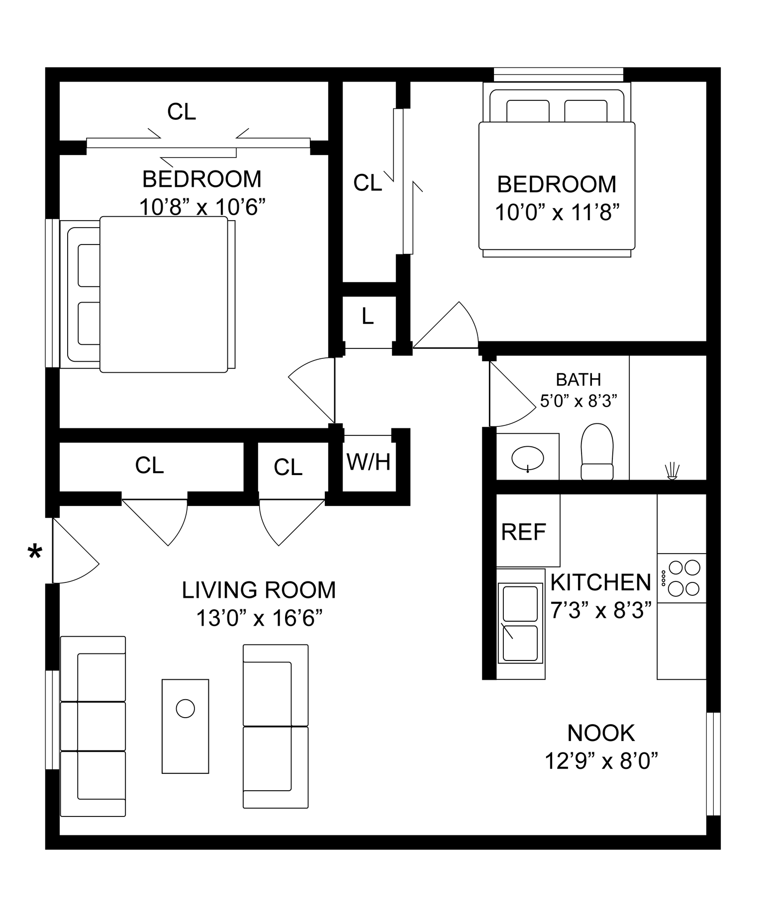 Black-and-white floor plan of an apartment with labeled rooms, doors, and windows.