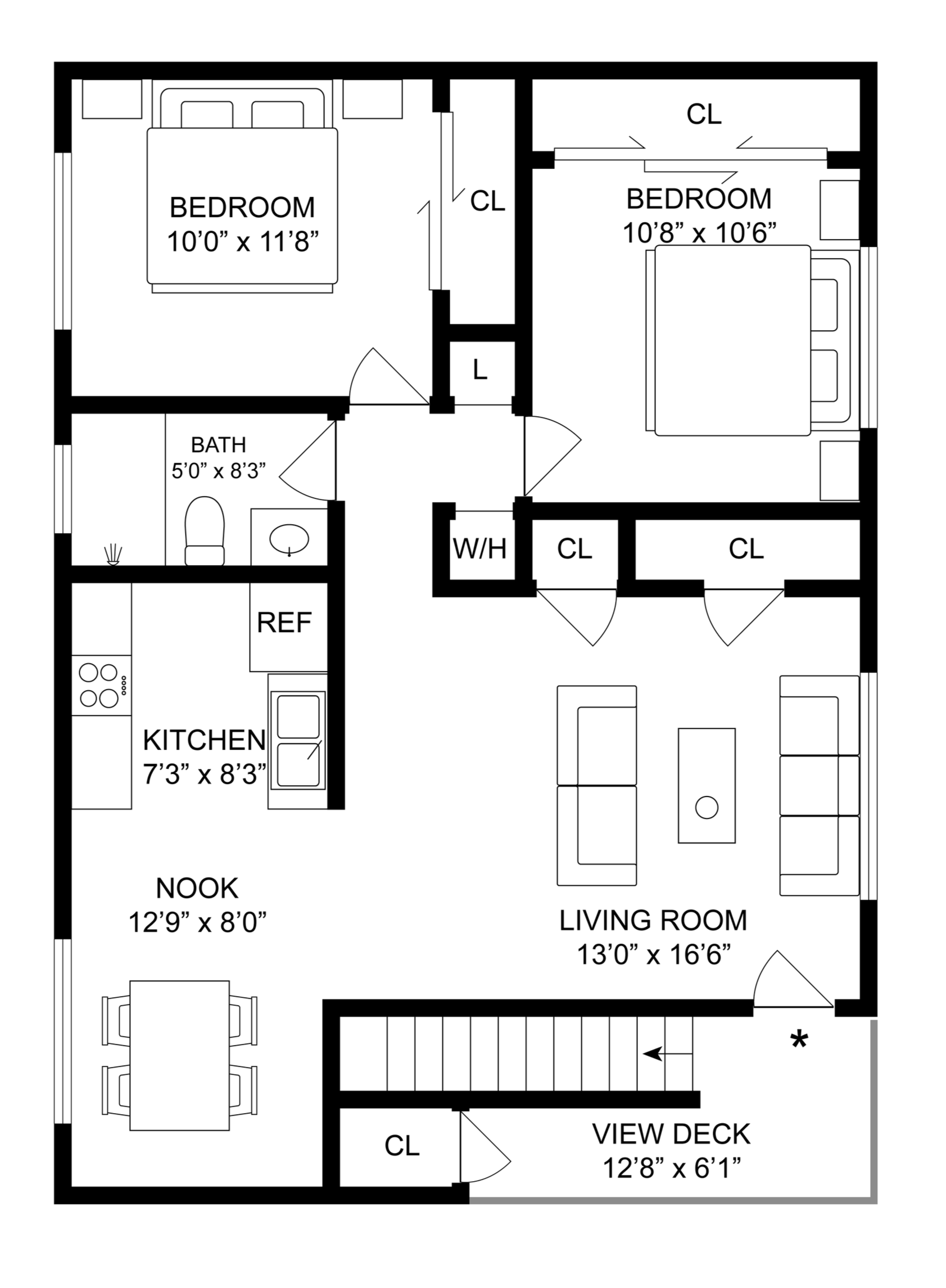 Black-and-white apartment floor plan with labeled rooms, closets, and porch.