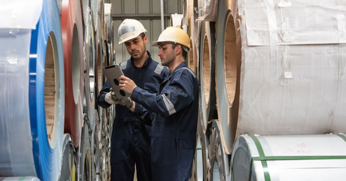 Two industrial workers review material information between large metal coils inside a manufacturing