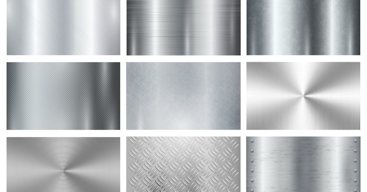 Nine metal finish samples are shown side by side with different shades and textures.