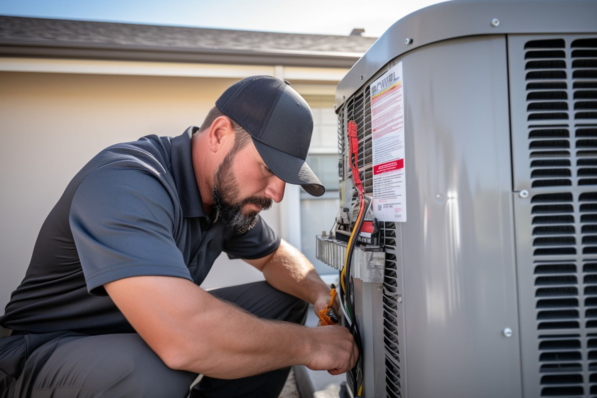Bearded technician in a dark cap checking wiring on an outdoor AC unit during HVAC system services.