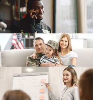 Three images: military person on phone, family in military uniform, woman teaching.