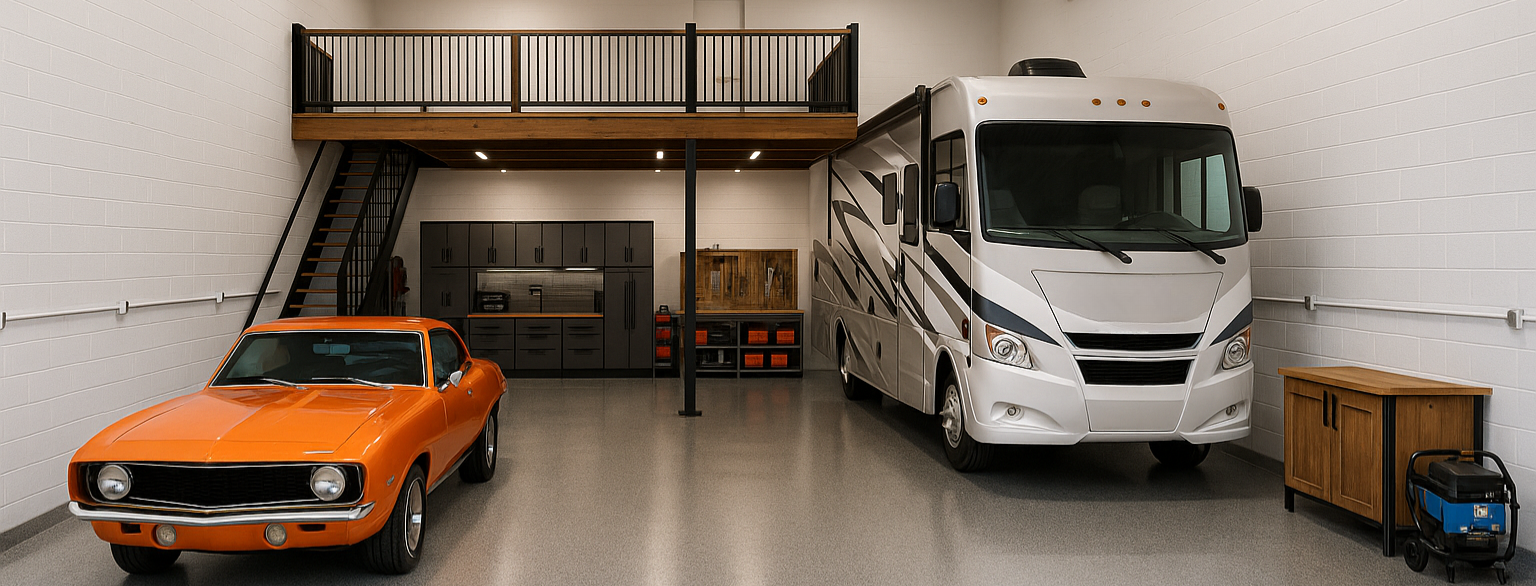 Orange classic car and white RV parked in a garage with a loft above