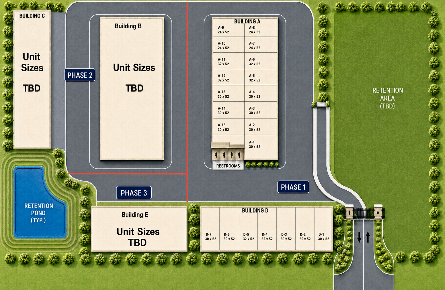 Site plan with red and green dots, building footprints, and text about high, dry flood-safe units.