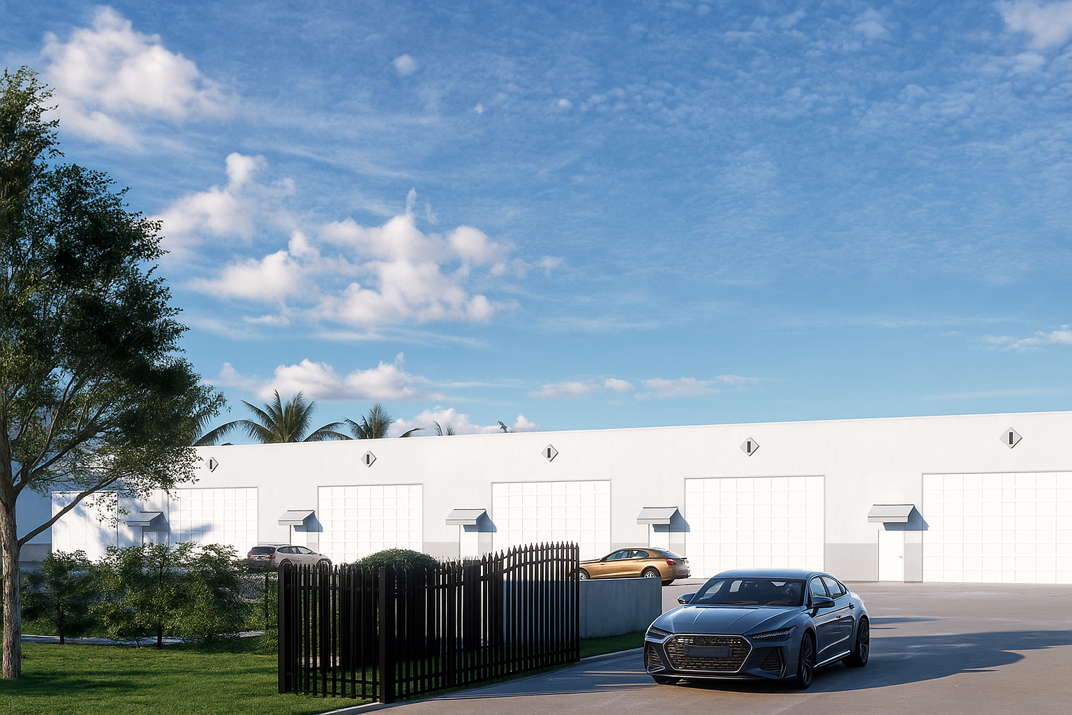 White industrial building with garage doors, a black car, fence, and trees under a blue sky
