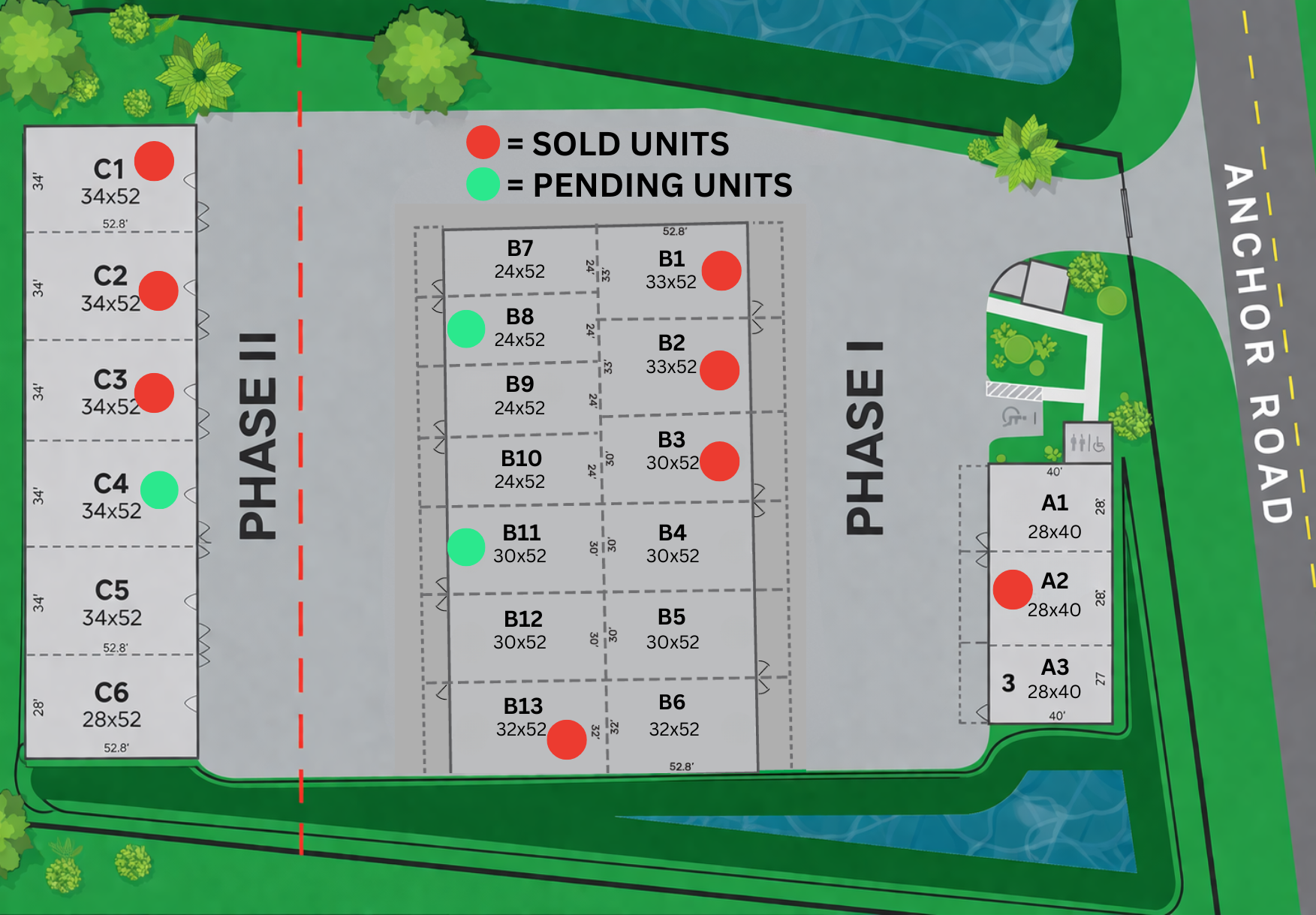 Site plan map with red sold and green pending unit markers for phases I and II near Anchor Road