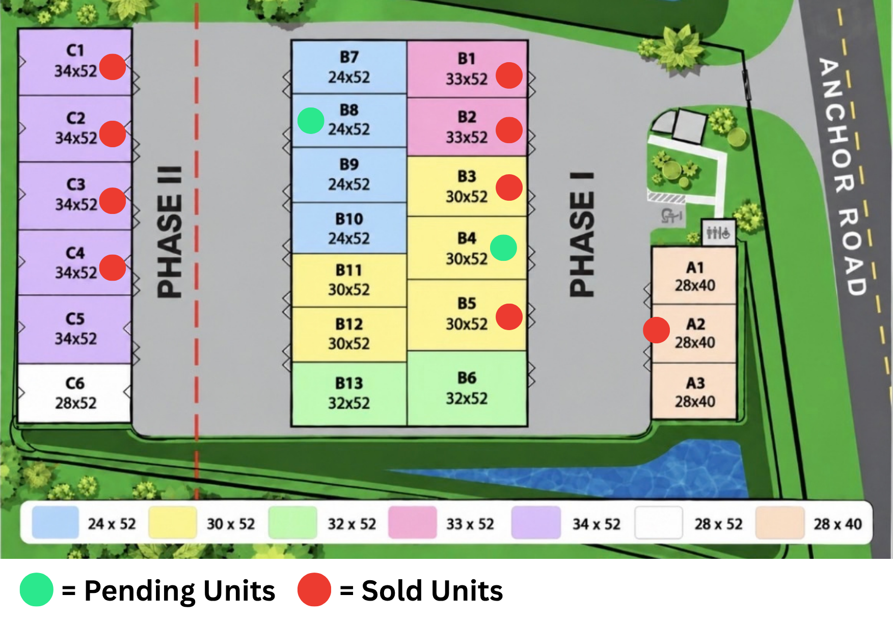 Site plan map with red sold and green pending unit markers for phases I and II near Anchor Road