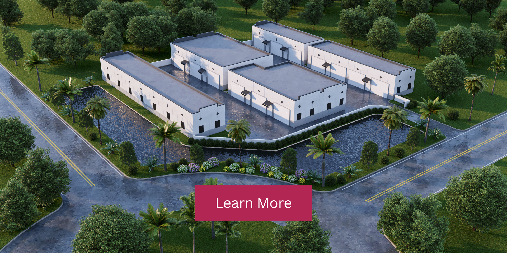 Aerial view of a modern residential complex with a pink “Learn More” button overlay