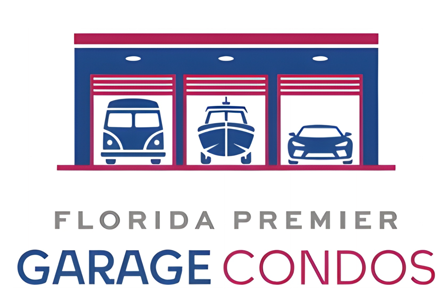 Florida Premier Garage Condos logo with stylized boat and car garage icons in blue, red, and gray