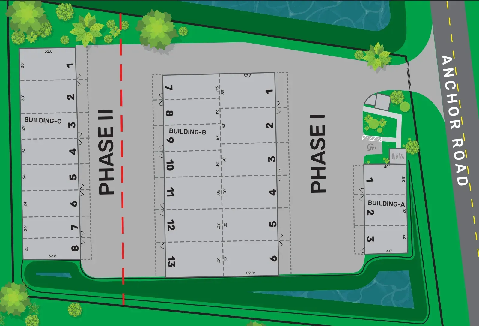 Site plan map showing Phase I and Phase II lots beside Anchor Road in green landscape.