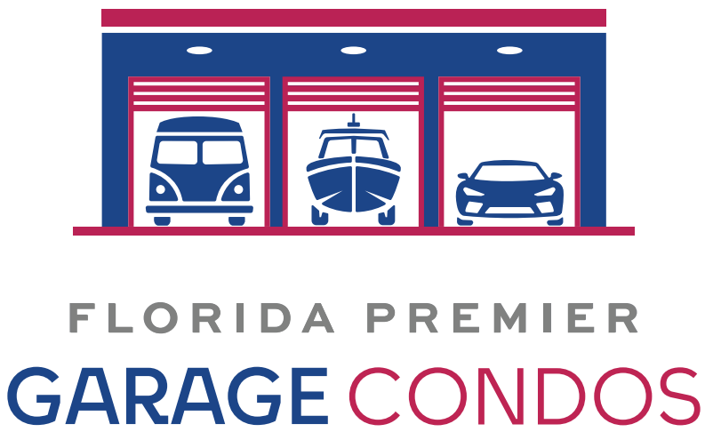 Florida Premier Garage Condos logo with blue garage doors and stylized vehicle icons above the name