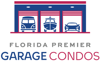 Florida Premier Garage Condos logo with blue garage doors and stylized vehicle icons above the name