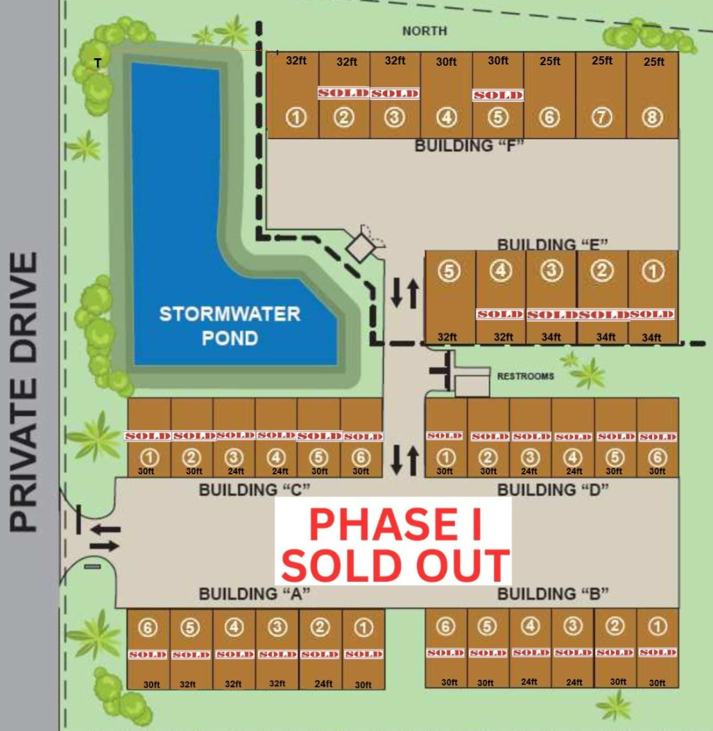 Site plan map with stormwater pond, building lots, and red “PHASE 1 SOLD OUT” label
