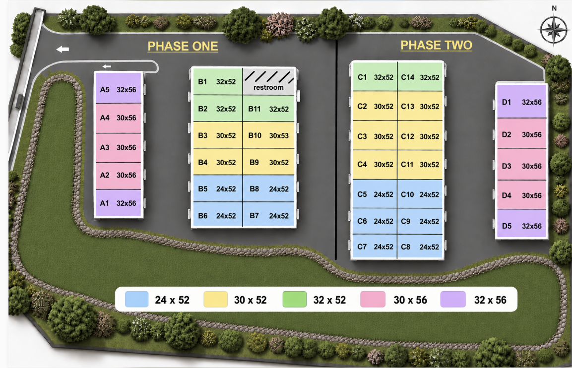Site plan with red and green dots, building footprints, and text about high, dry flood-safe units.