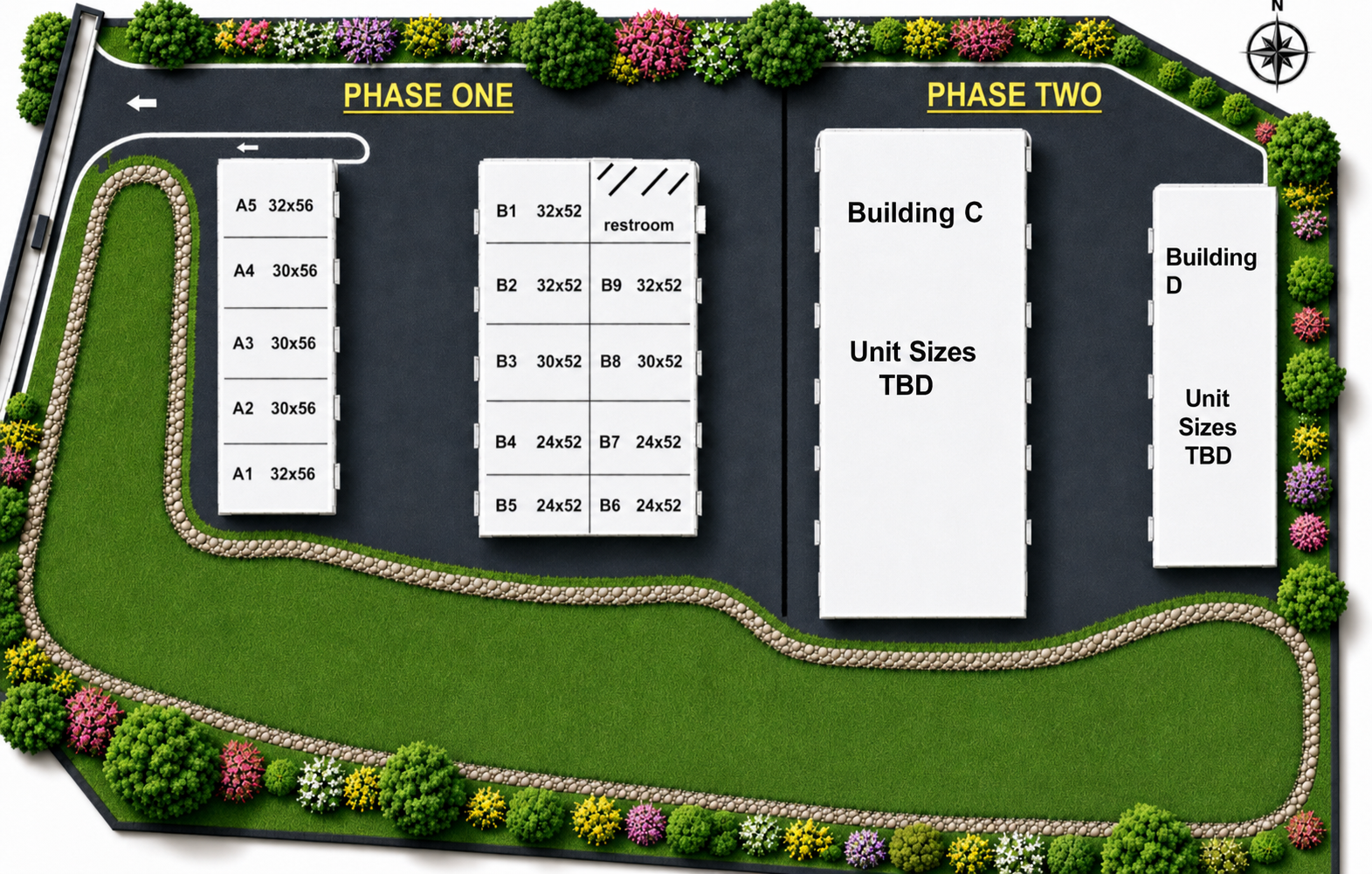 Site plan with red and green dots, building footprints, and text about high, dry flood-safe units.
