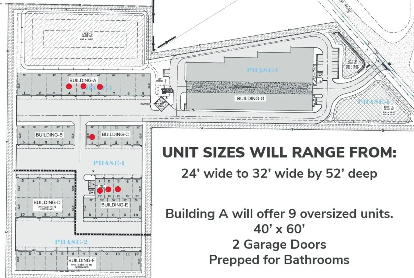 Architectural site plan with floor layouts and unit size notes, including garage doors and bathroom prep.
