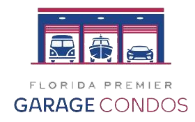 Florida Premier Garage Condos logo with blue, red, and gray garage doors and cars/boat icons