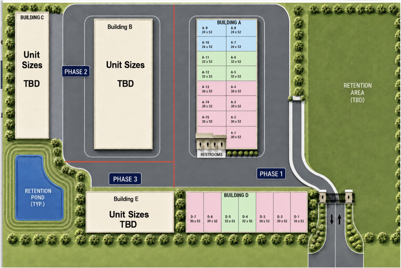 Site plan with red and green dots, building footprints, and text about high, dry flood-safe units.
