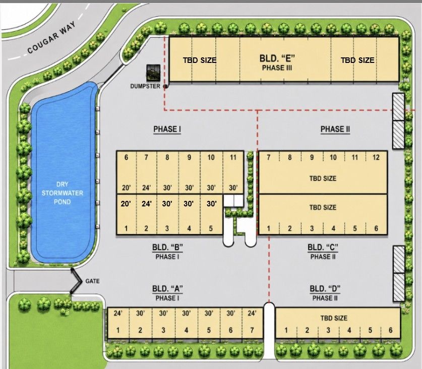 Site plan diagram with blue and orange building blocks, labeled phases, and curved access road.