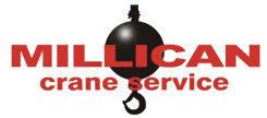 Millican Crane Service logo with red text and a black crane hook icon