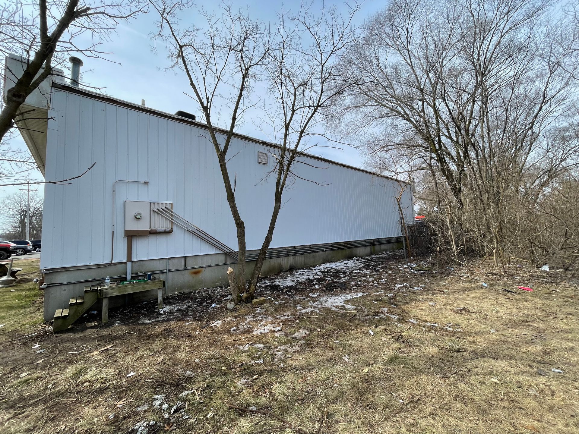 White mobile home beside leafless trees in a snowy, overgrown yard