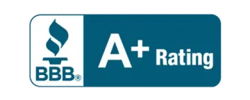 BBB A+ rating badge with blue and white logo on a teal background
