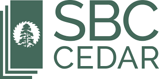 Logo: green stacked rectangles with a tree image, "SBC CEDAR" in green text.