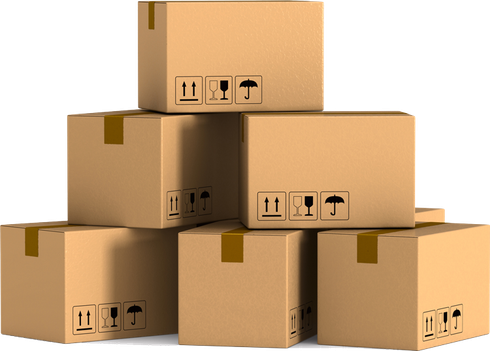 Cardboard boxes stacked in a pyramid shape; shipping symbols present. Cardboard boxes stacked in a pyramid shape; shipping symbols present.