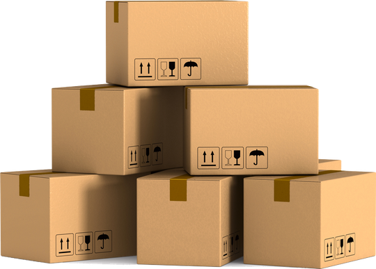 Cardboard boxes stacked in a pyramid shape; shipping symbols present. Cardboard boxes stacked in a pyramid shape; shipping symbols present.