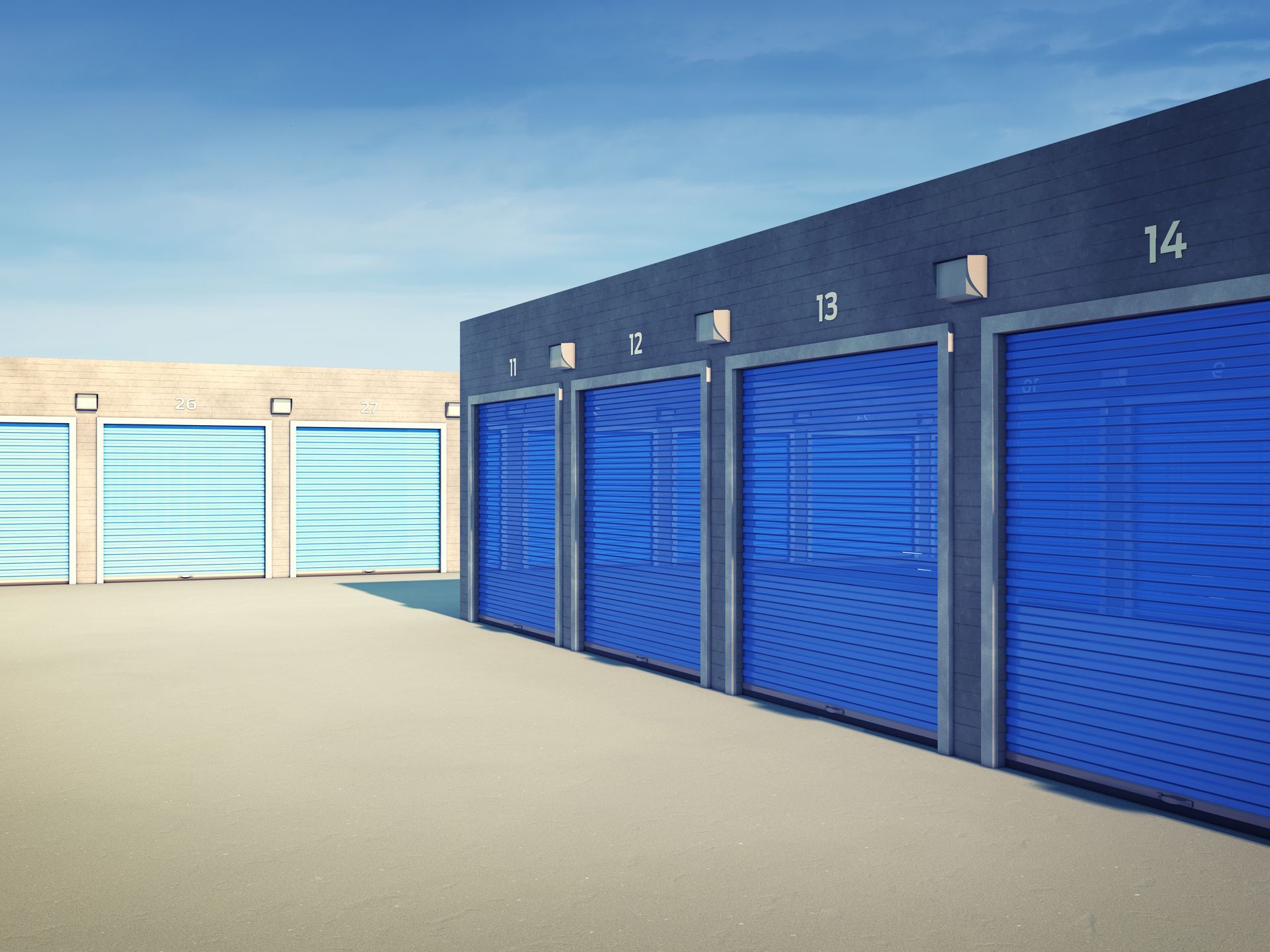 Storage unit hallway with red doors and a cart loaded with boxes. Storage unit hallway with red doors and a cart loaded with boxes.