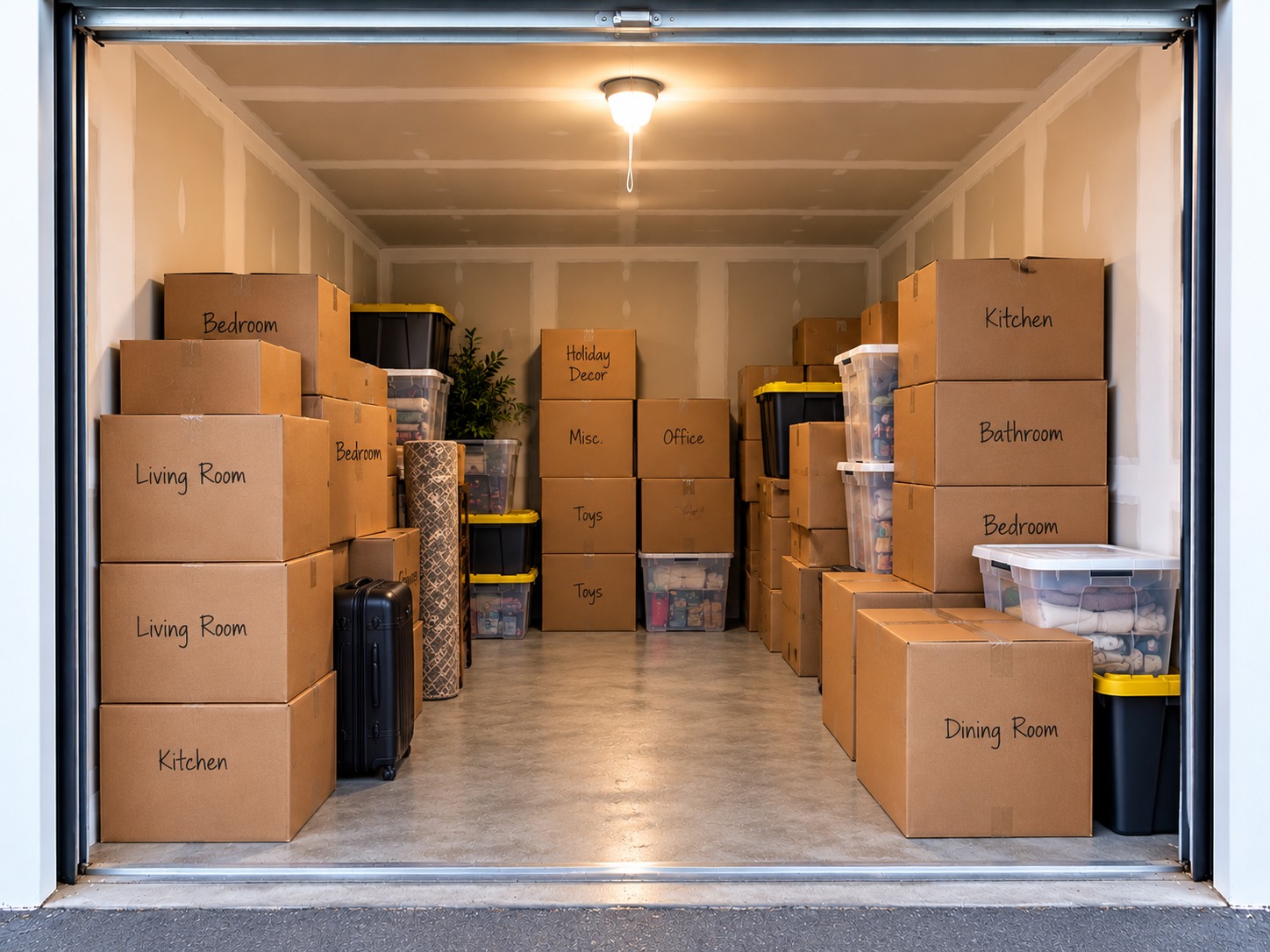 Storage unit hallway with red doors and a cart loaded with boxes. Storage unit hallway with red doors and a cart loaded with boxes.