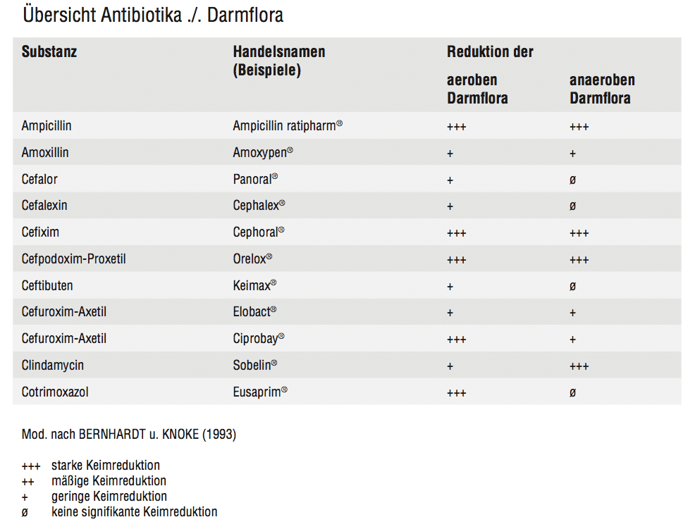 Deutsche Tabelle mit Antibiotika, Beispielmarken und reduzierter Empfindlichkeit gegenüber oralen vs. parenteralen Darreichungsformen