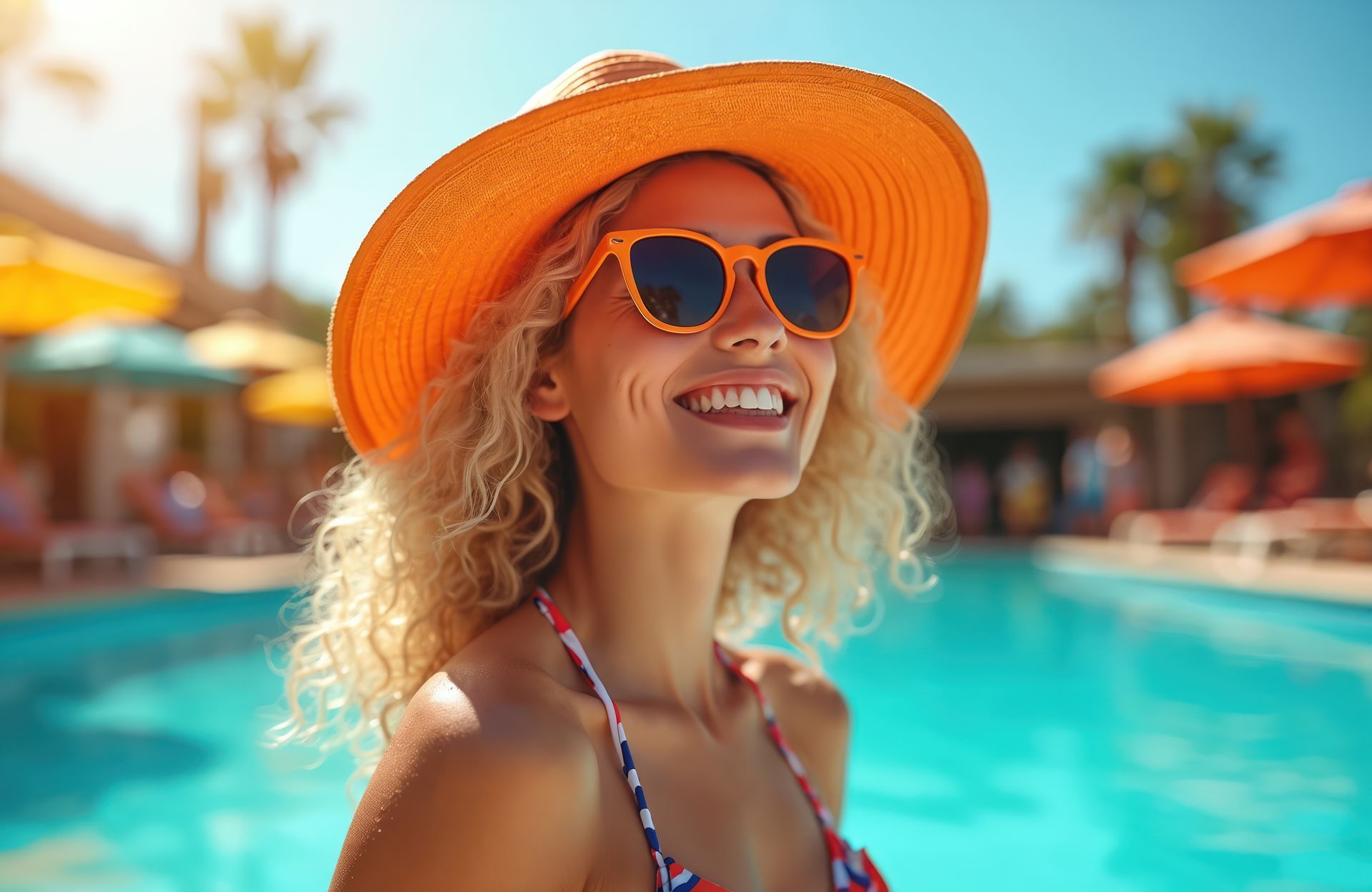 Smiling woman in orange hat and sunglasses by a turquoise pool in a sunny resort setting