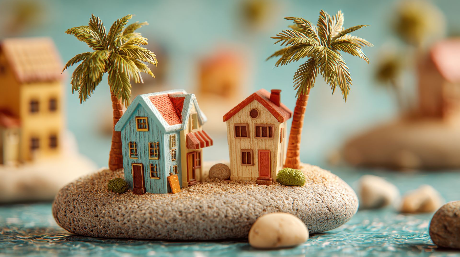 Miniature beach scene with two tiny houses and palm trees on a sandy pebble by blue water