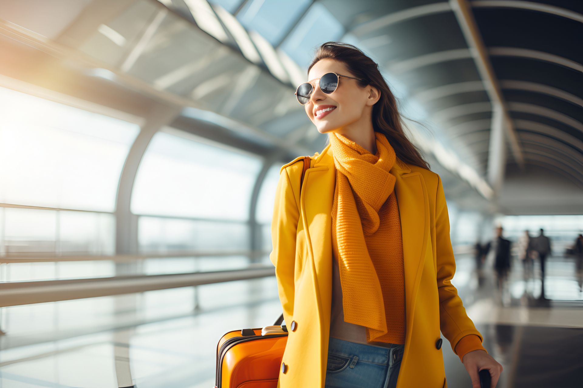 Traveler in a yellow coat with orange suitcase walking through a bright airport terminal