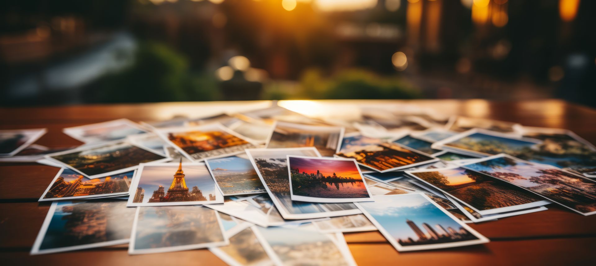 Scattered travel photos on a wooden table at sunset, with warm bokeh lights in the background