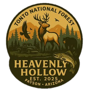 Heavenly Hollow logo with deer, trees, mountains, vintage truck, and text “Tonto National Forest, Est. 2025, Payson, Arizona”