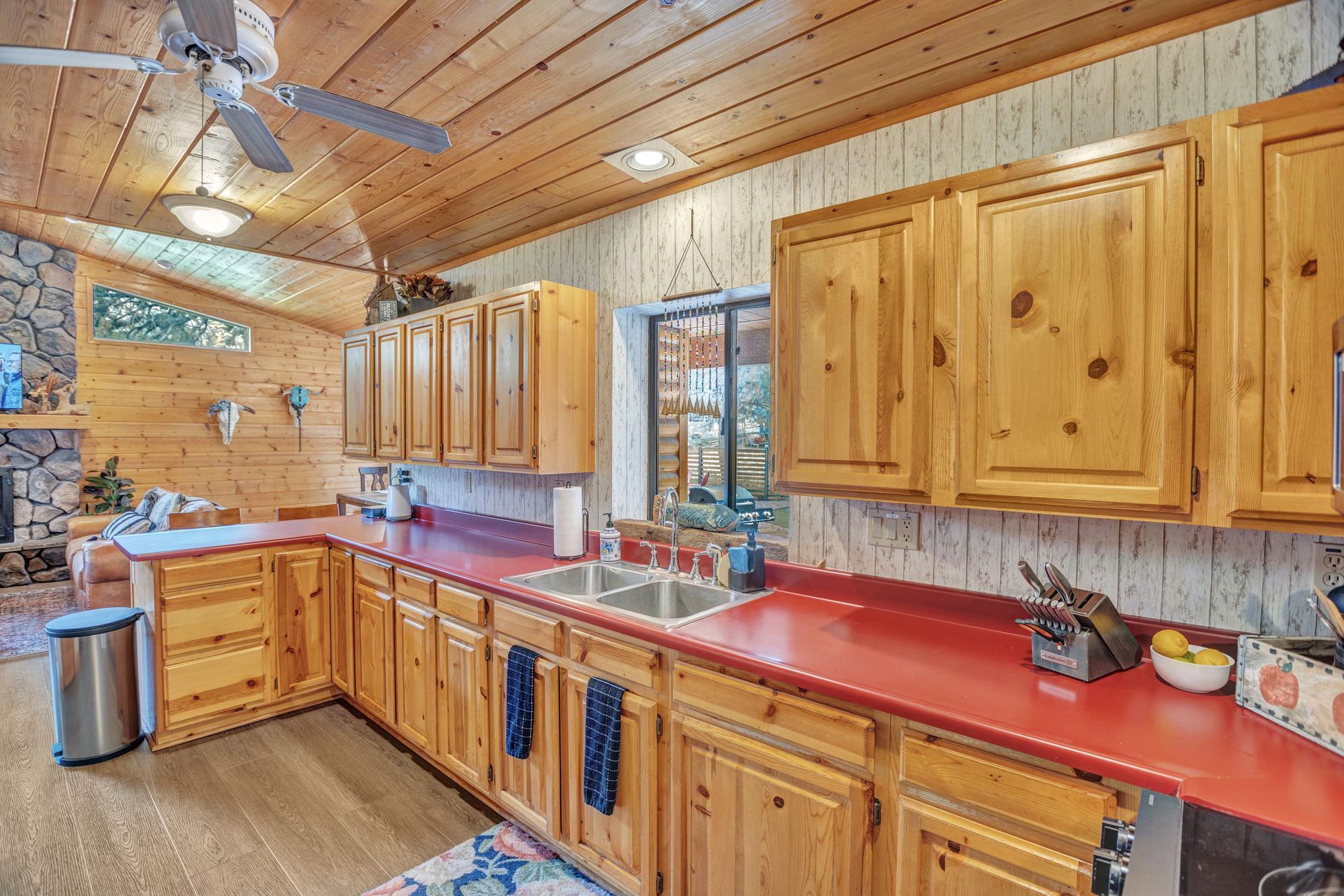 Wood-paneled kitchen with wooden cabinets, red countertops, sink, and a cat sitting on the counter.