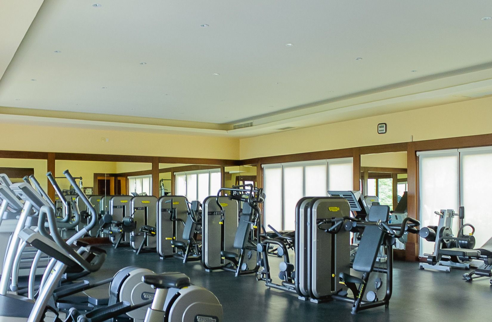 Empty gym with exercise machines, mirrors, and large windows in a bright fitness room