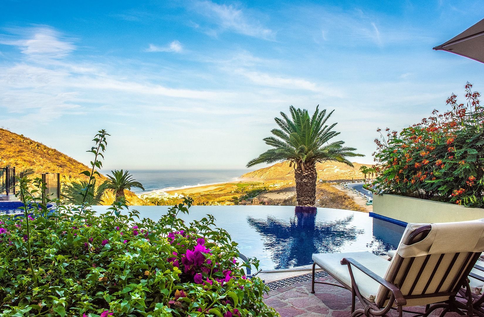 Infinity pool overlooking the ocean, with palm trees, flowers, and a lounge chair on a sunny terrace