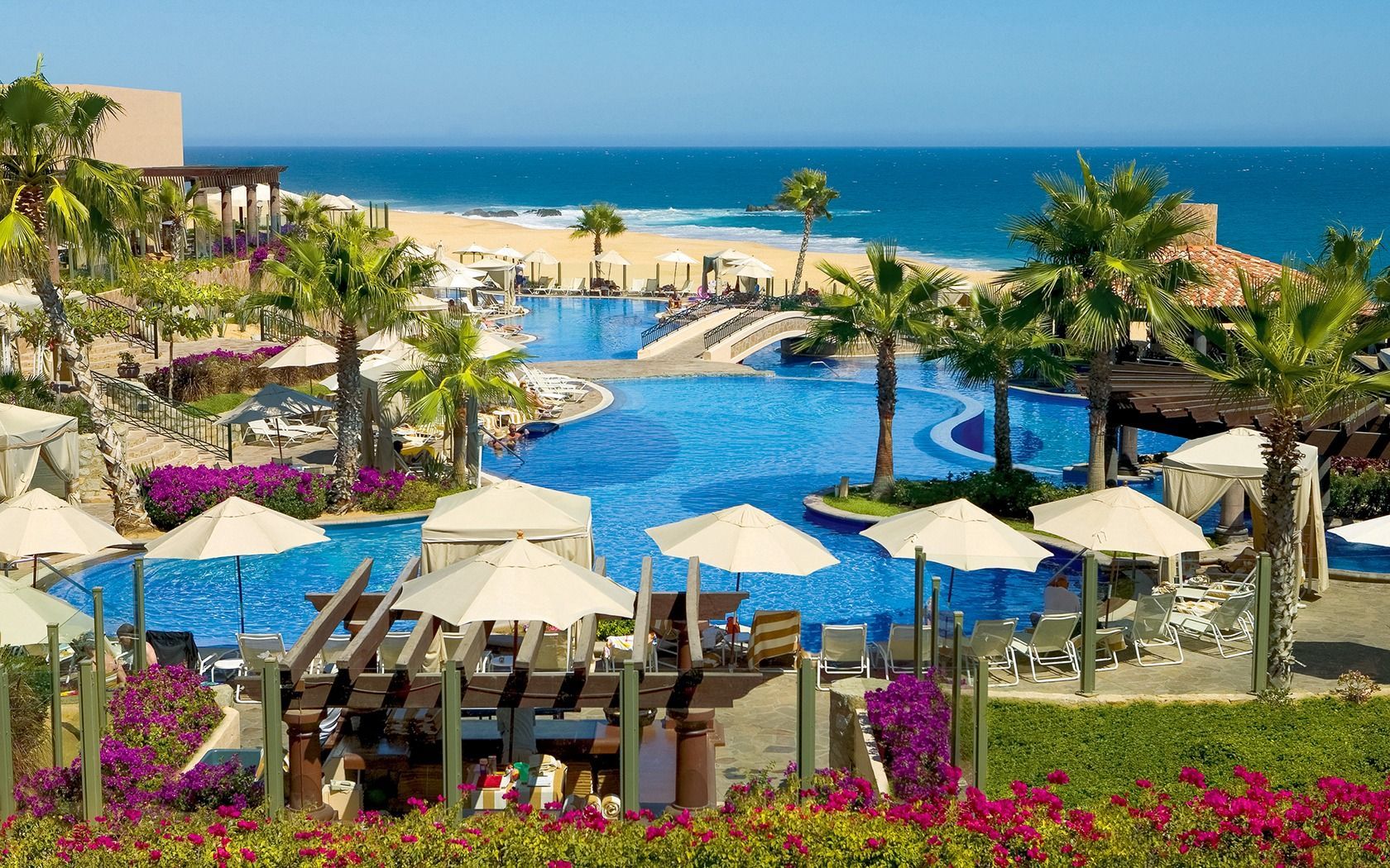 Resort pool with blue water, white umbrellas, palm trees, and ocean view under a bright sky